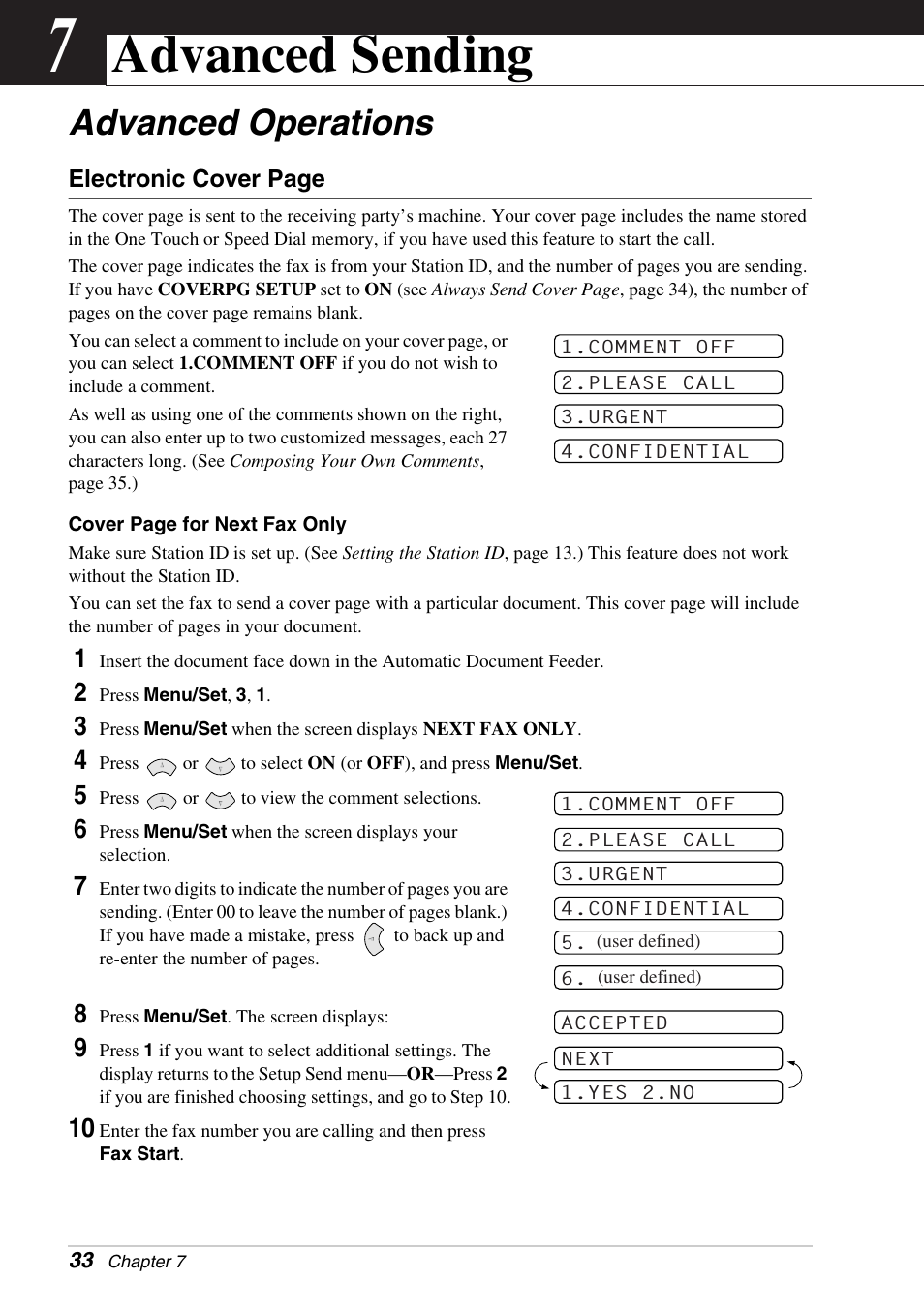 7 advanced sending, Advanced operations, Chapter 7 | Advanced sending | Brother FAX-1030E User Manual | Page 40 / 118