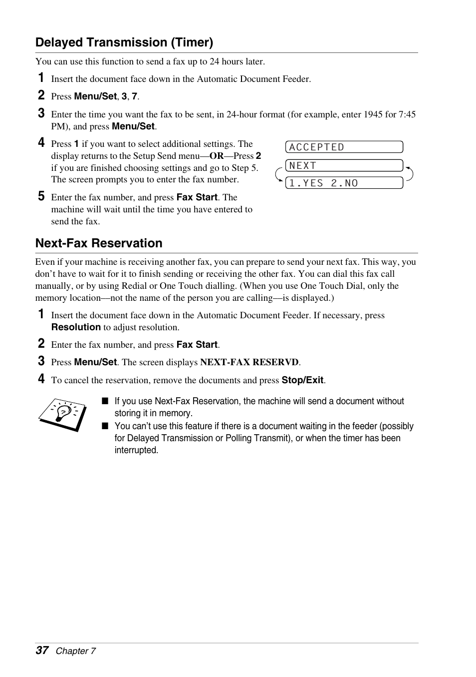 Delayed transmission (timer), Next-fax reservation | Brother FAX-1030E User Manual | Page 44 / 118