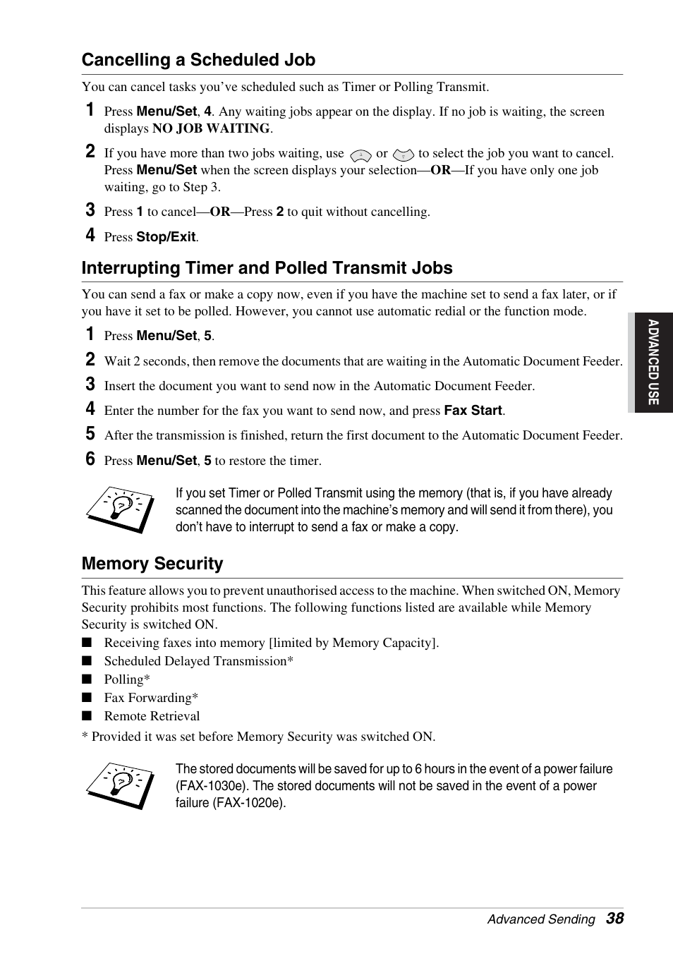 Cancelling a scheduled job, Interrupting timer and polled transmit jobs, Memory security | Brother FAX-1030E User Manual | Page 45 / 118