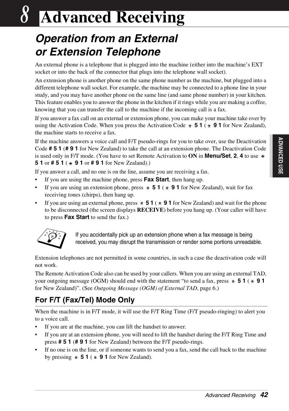 8 advanced receiving, Operation from an external or extension telephone, For f/t (fax/tel) mode only | Chapter 8, Advanced receiving, See operation from, An external or extension telephone | Brother FAX-1030E User Manual | Page 49 / 118