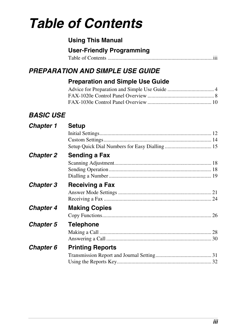 Brother FAX-1030E User Manual | Page 5 / 118