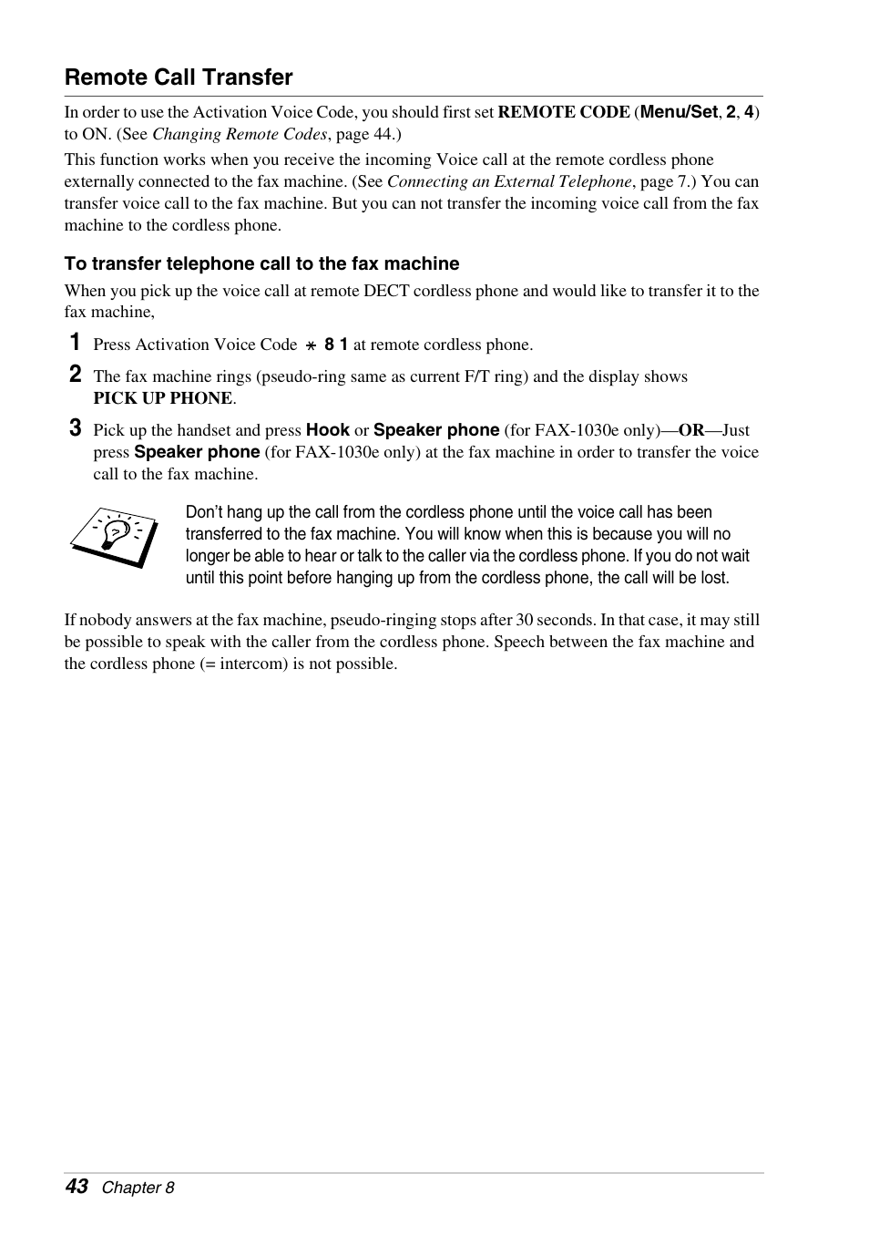 Remote call transfer | Brother FAX-1030E User Manual | Page 50 / 118