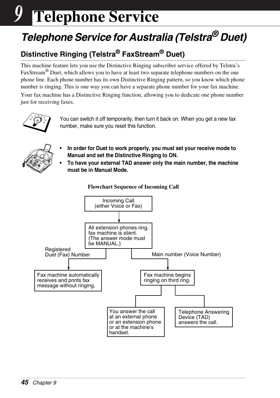 9 telephone service, Telephone service for australia (telstra® duet), Distinctive ringing (telstra® faxstream® duet) | Chapter 9, Telephone service, Telephone service for australia (telstra, Duet) | Brother FAX-1030E User Manual | Page 52 / 118