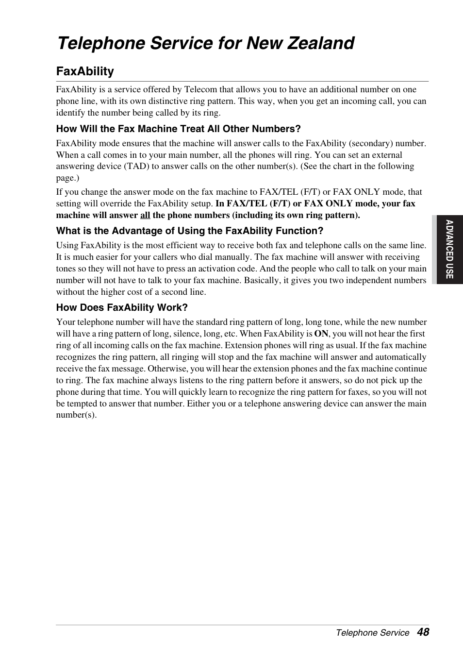 Telephone service for new zealand, Faxability | Brother FAX-1030E User Manual | Page 55 / 118