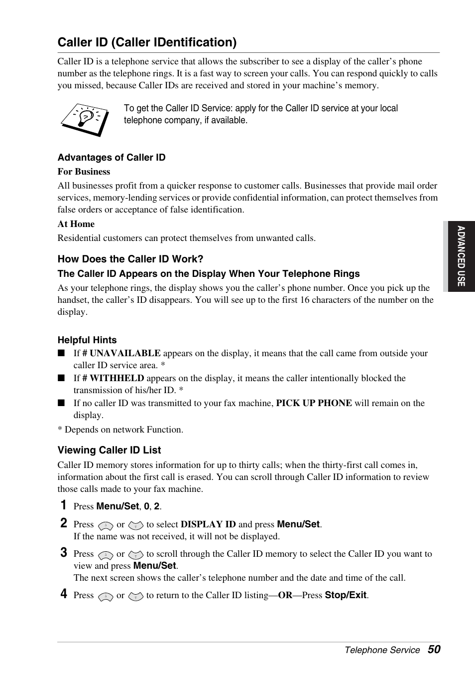 Caller id (caller identification) | Brother FAX-1030E User Manual | Page 57 / 118