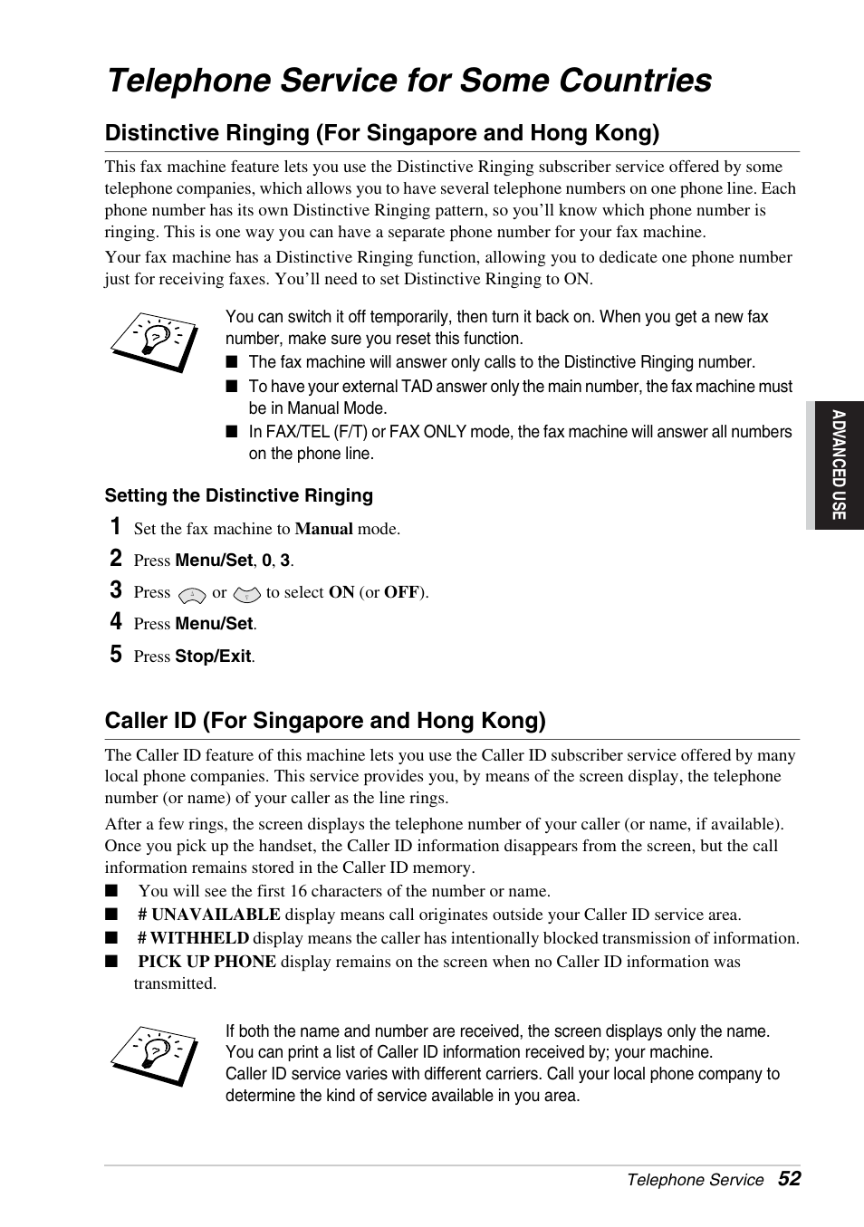 Telephone service for some countries, Distinctive ringing (for singapore and hong kong), Caller id (for singapore and hong kong) | Brother FAX-1030E User Manual | Page 59 / 118