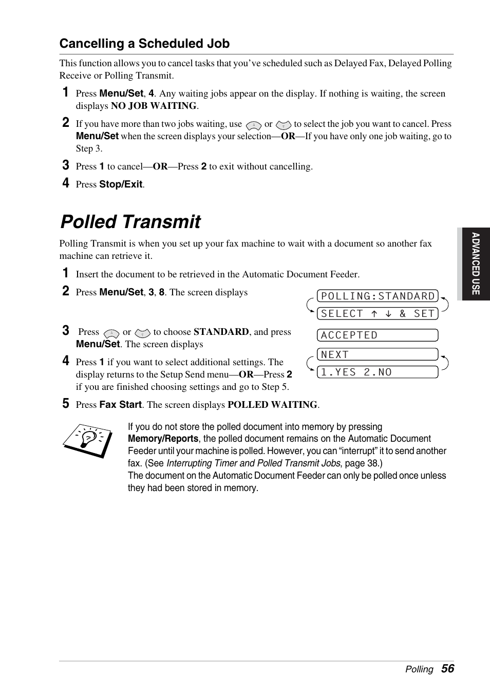 Cancelling a scheduled job, Polled transmit | Brother FAX-1030E User Manual | Page 63 / 118
