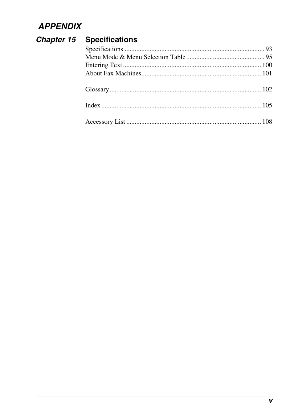 Chapter 15 specifications, Appendix | Brother FAX-1030E User Manual | Page 7 / 118