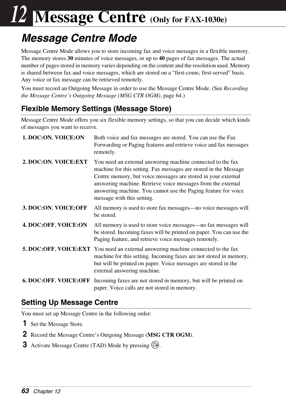 12 message centre (only for fax-1030e), Message centre mode, Flexible memory settings (message store) | Setting up message centre, Chapter 12, Message centre (only for fax-1030e), Message centre | Brother FAX-1030E User Manual | Page 70 / 118