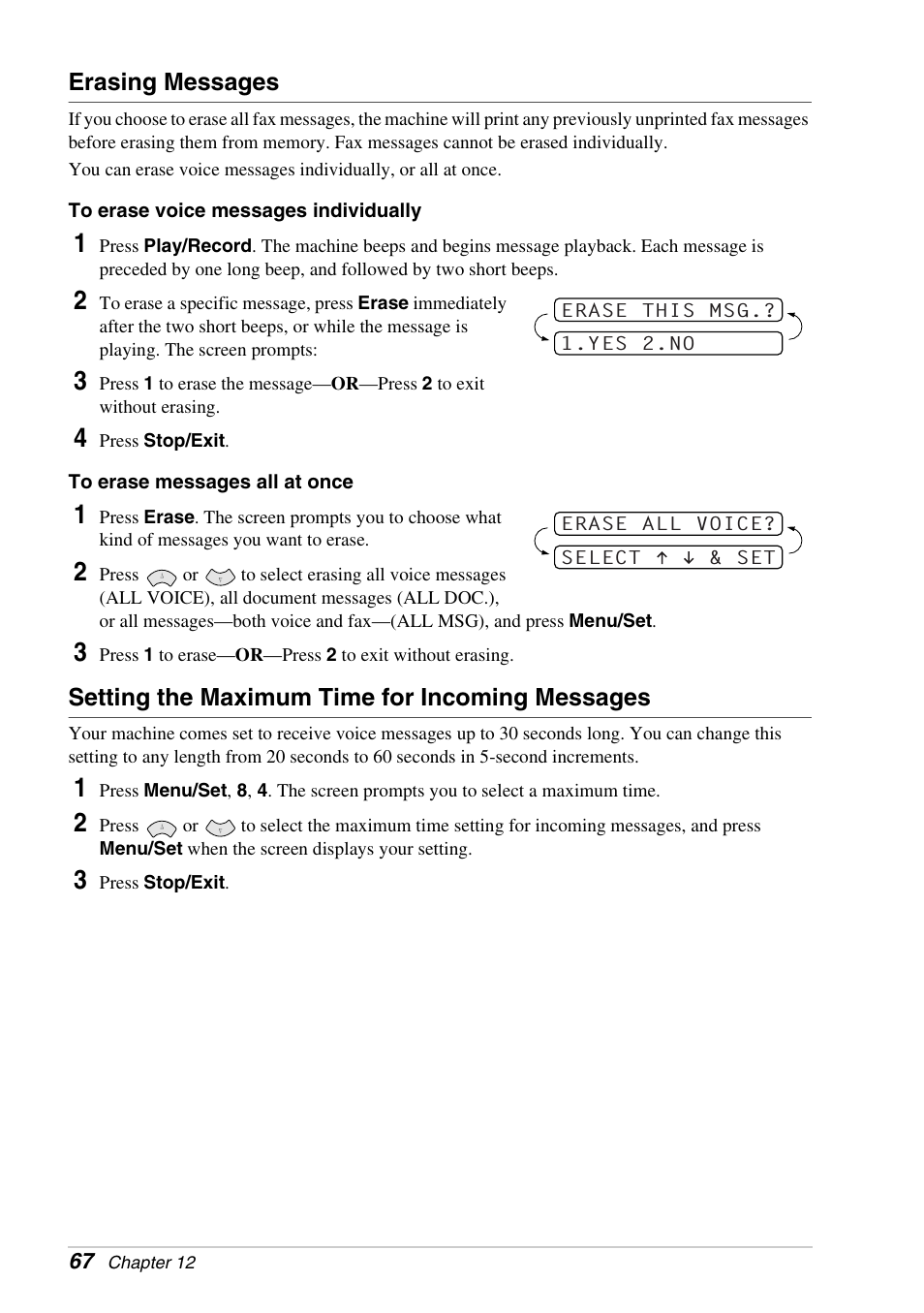 Erasing messages, Setting the maximum time for incoming messages | Brother FAX-1030E User Manual | Page 74 / 118