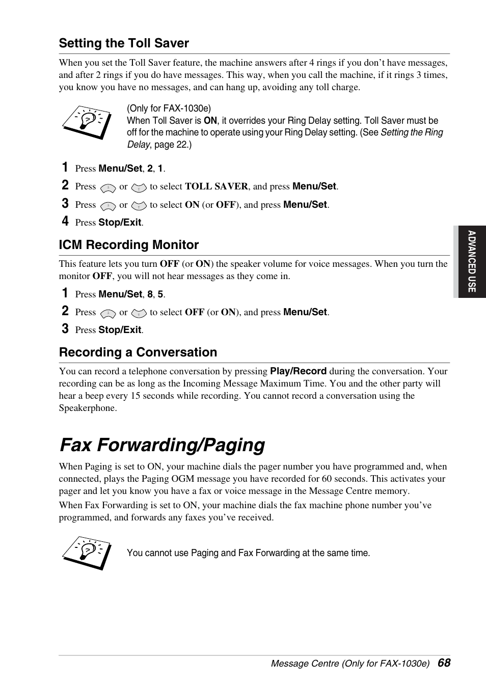 Setting the toll saver, Icm recording monitor, Recording a conversation | Fax forwarding/paging | Brother FAX-1030E User Manual | Page 75 / 118