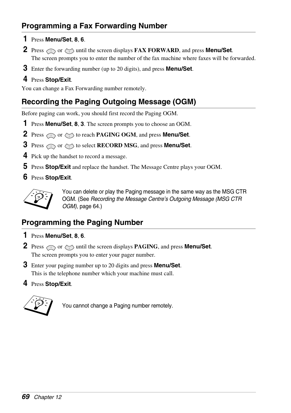 Programming a fax forwarding number, Recording the paging outgoing message (ogm), Programming the paging number | Brother FAX-1030E User Manual | Page 76 / 118