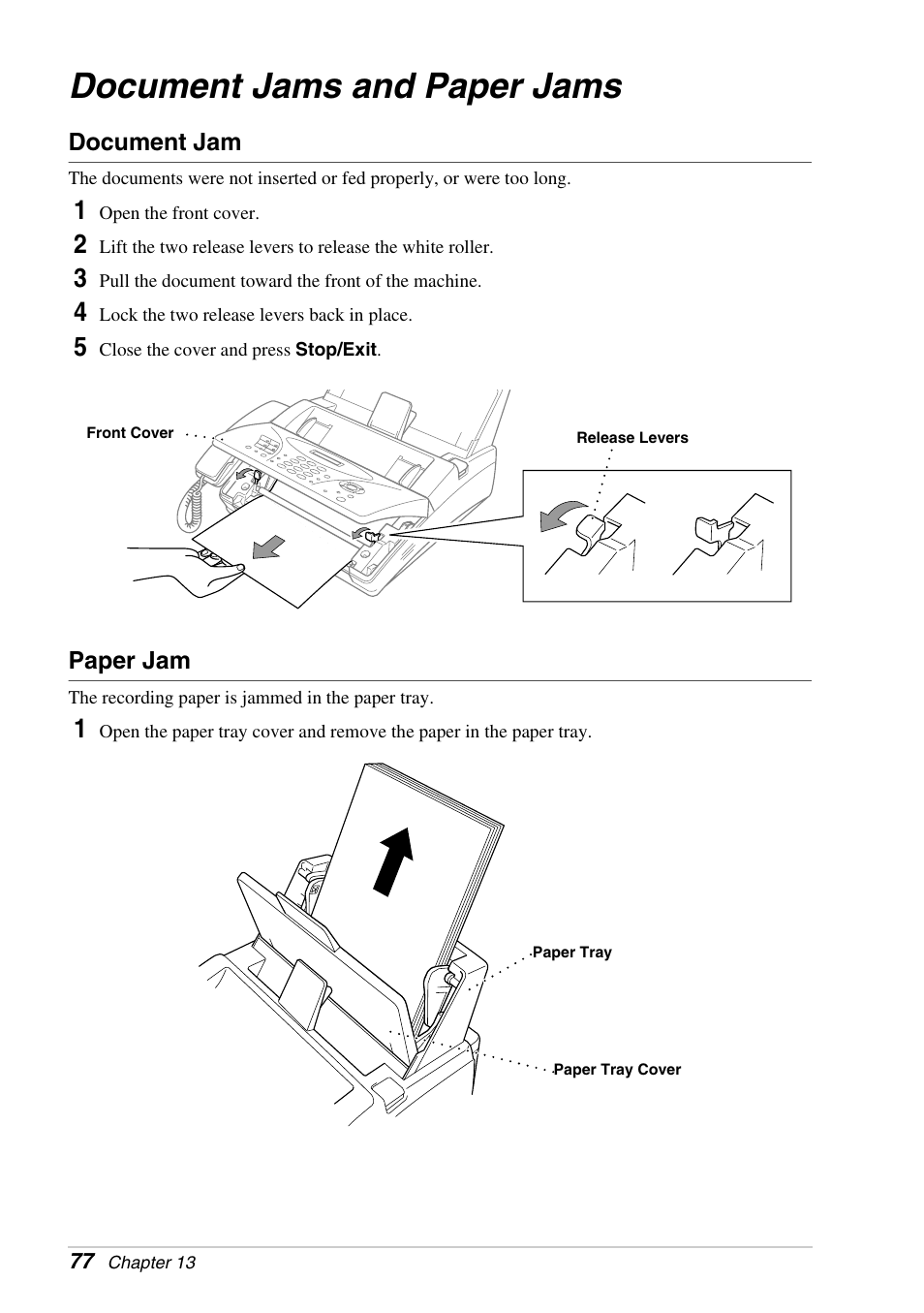 Document jams and paper jams, Document jam, Paper jam | Brother FAX-1030E User Manual | Page 84 / 118