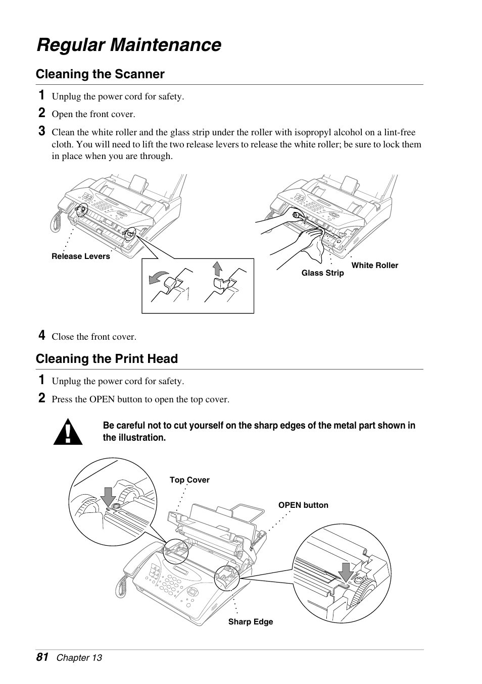 Regular maintenance, Cleaning the scanner, Cleaning the print head | Brother FAX-1030E User Manual | Page 88 / 118