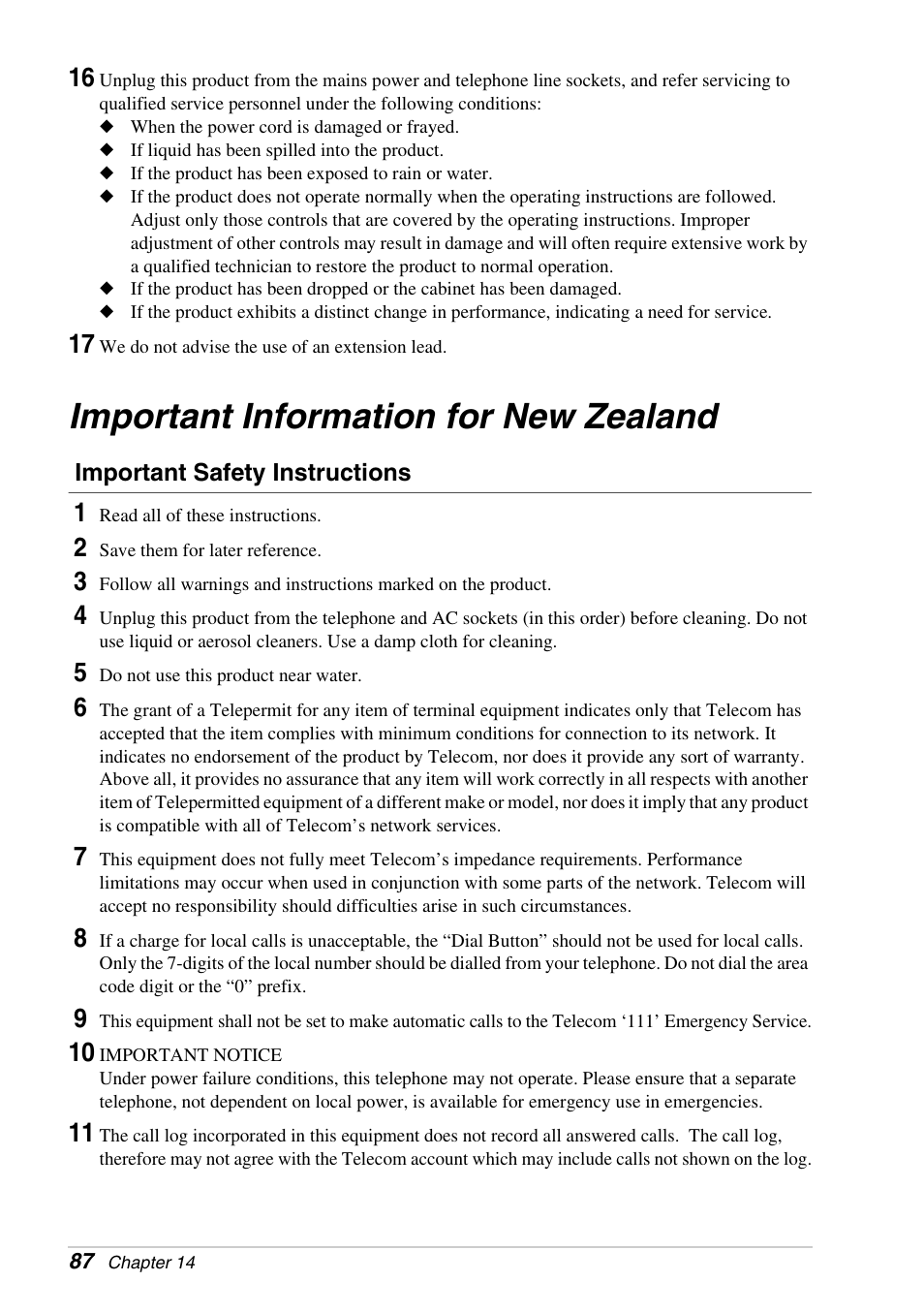 Important information for new zealand, Important safety instructions | Brother FAX-1030E User Manual | Page 94 / 118