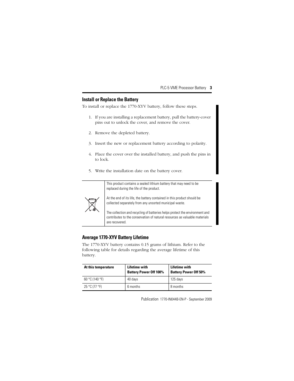 Install or replace the battery, Average 1770-xyv battery lifetime | Rockwell Automation 1770-XYV PLC-5 VME Processor Battery Installation Instructions User Manual | Page 3 / 4