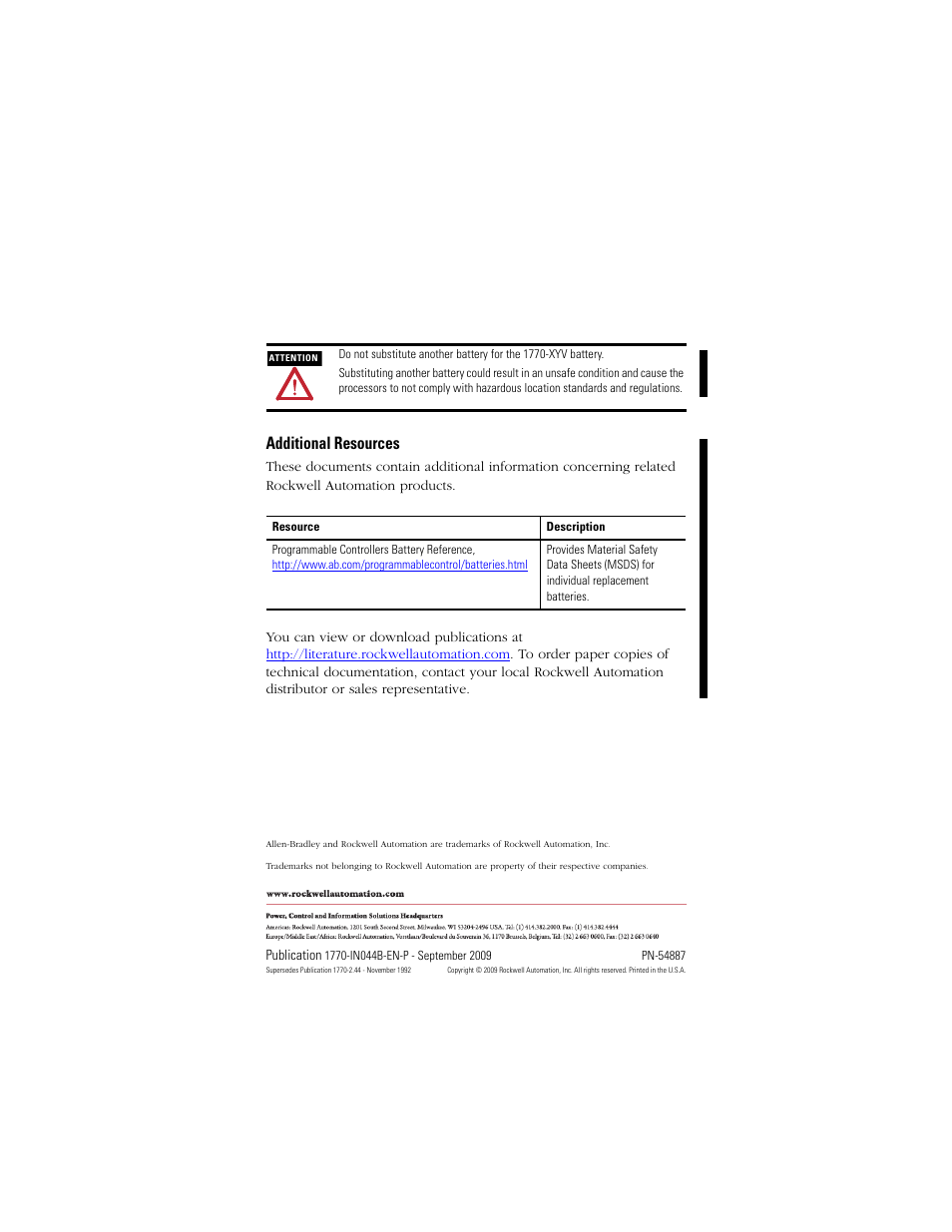 Additional resources, Back cover | Rockwell Automation 1770-XYV PLC-5 VME Processor Battery Installation Instructions User Manual | Page 4 / 4