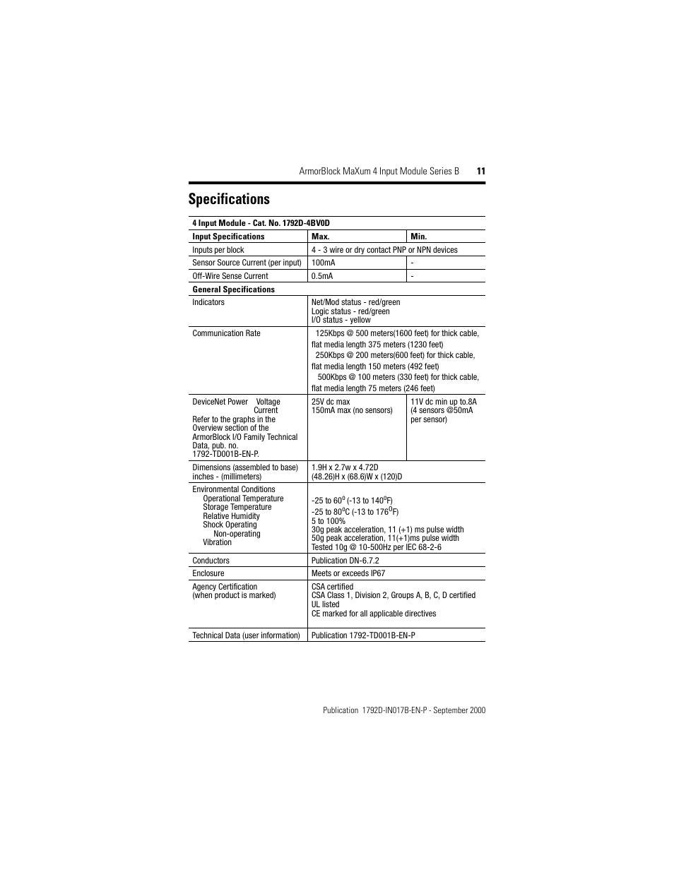 Specifications | Rockwell Automation 1792D-4BVOD ArmorBlock MaXum 4 Input Module Series B User Manual | Page 11 / 16