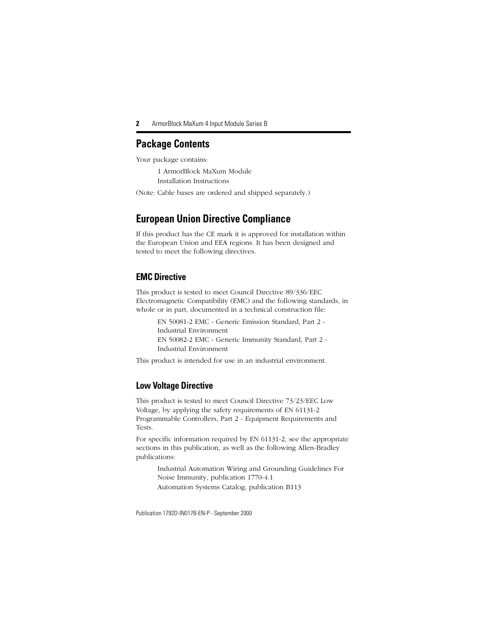 Package contents, European union directive compliance | Rockwell Automation 1792D-4BVOD ArmorBlock MaXum 4 Input Module Series B User Manual | Page 2 / 16