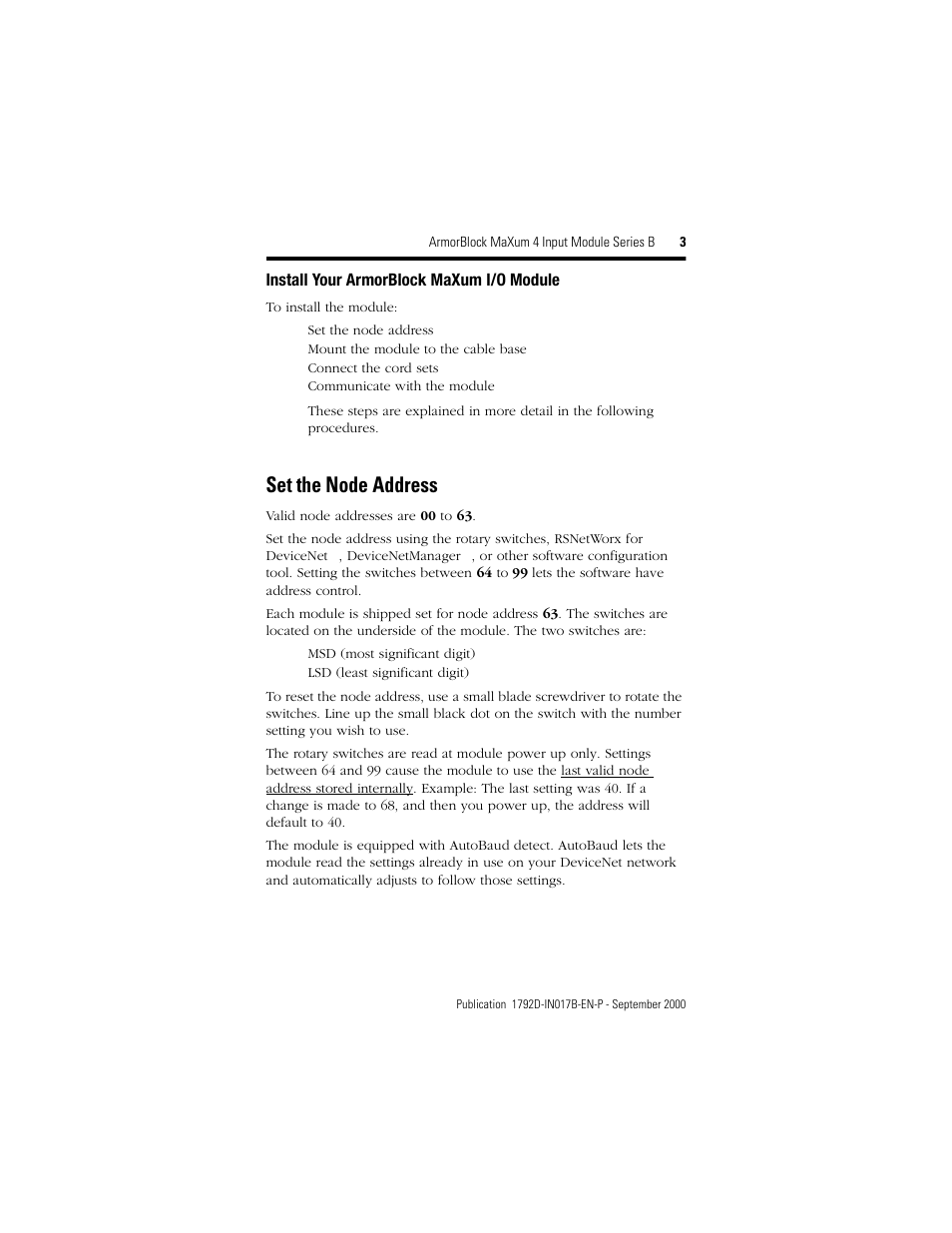 Set the node address | Rockwell Automation 1792D-4BVOD ArmorBlock MaXum 4 Input Module Series B User Manual | Page 3 / 16