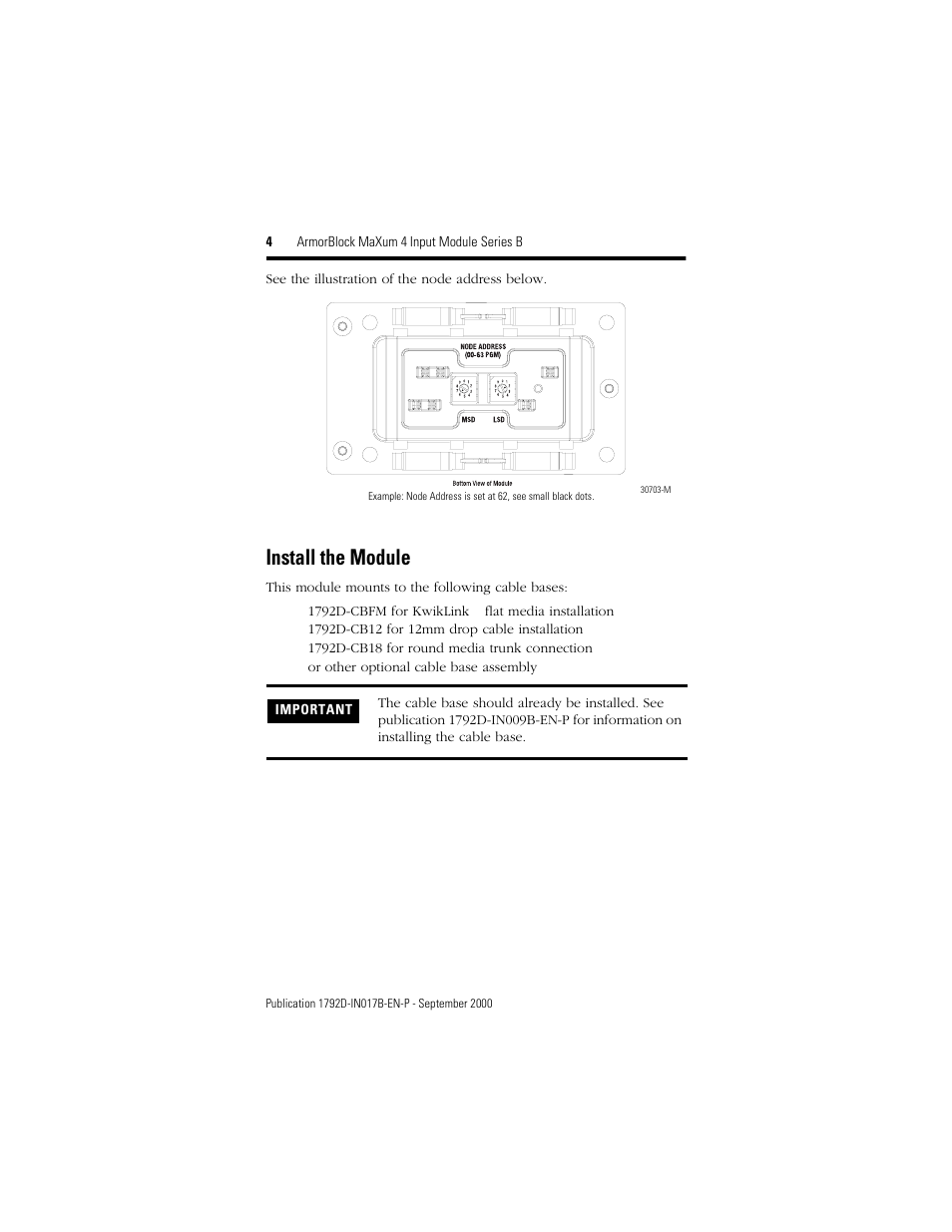 Install the module, 4 armorblock maxum 4 input module series b, See the illustration of the node address below | Rockwell Automation 1792D-4BVOD ArmorBlock MaXum 4 Input Module Series B User Manual | Page 4 / 16
