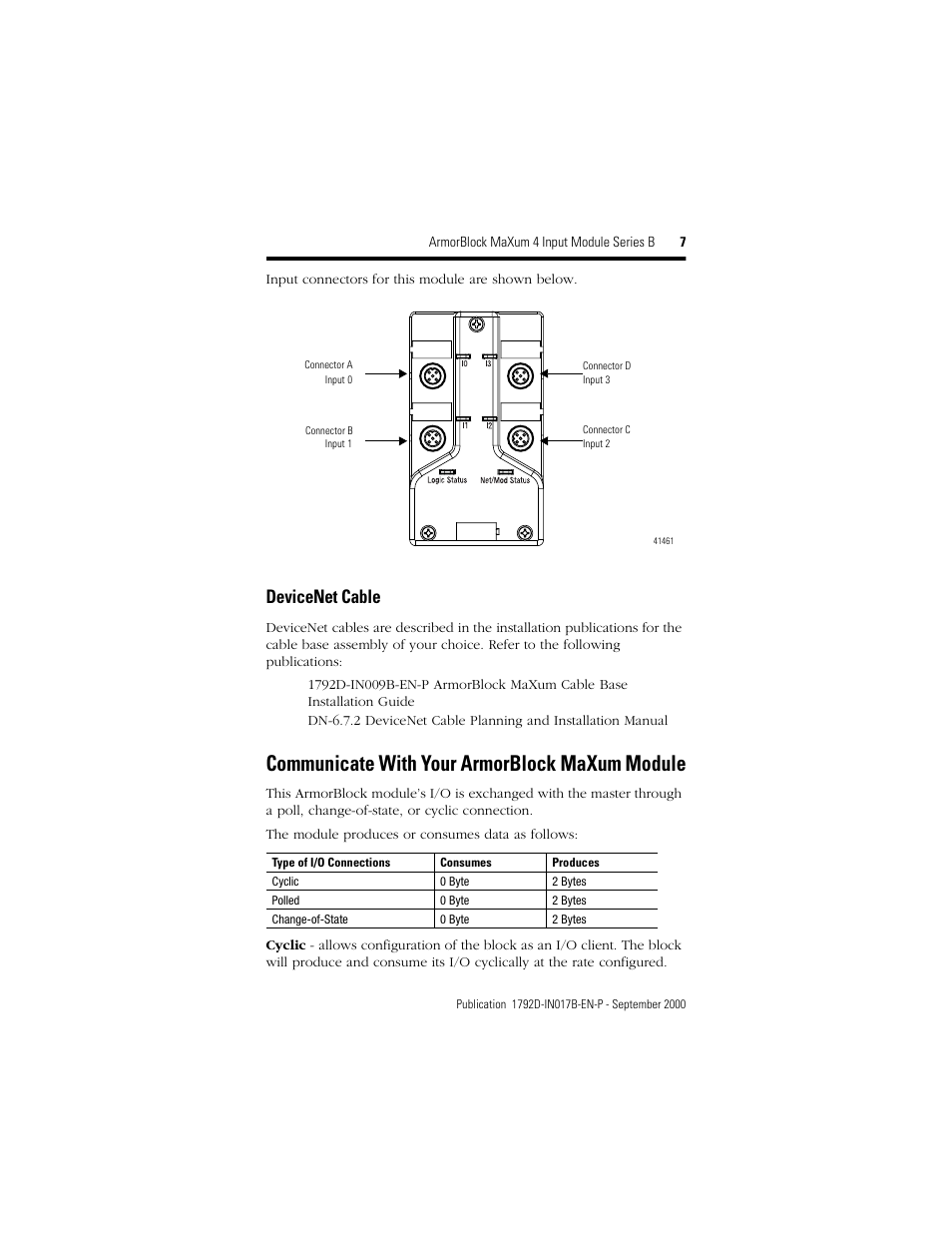 Communicate with your armorblock maxum module, Devicenet cable | Rockwell Automation 1792D-4BVOD ArmorBlock MaXum 4 Input Module Series B User Manual | Page 7 / 16