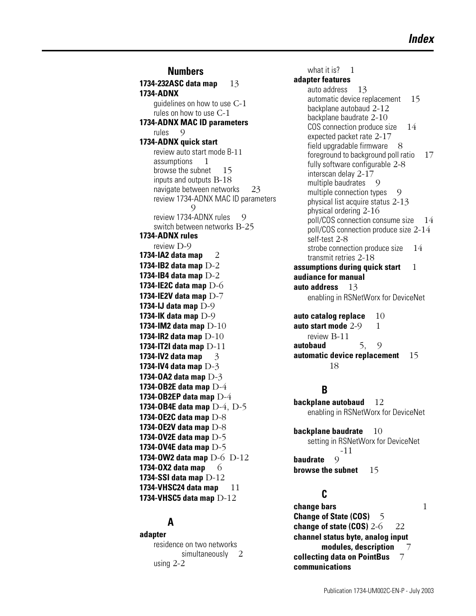 Index, Numbers | Rockwell Automation 1734-ADNX POINT I/O DeviceNet Adpater User Manual User Manual | Page 129 / 136