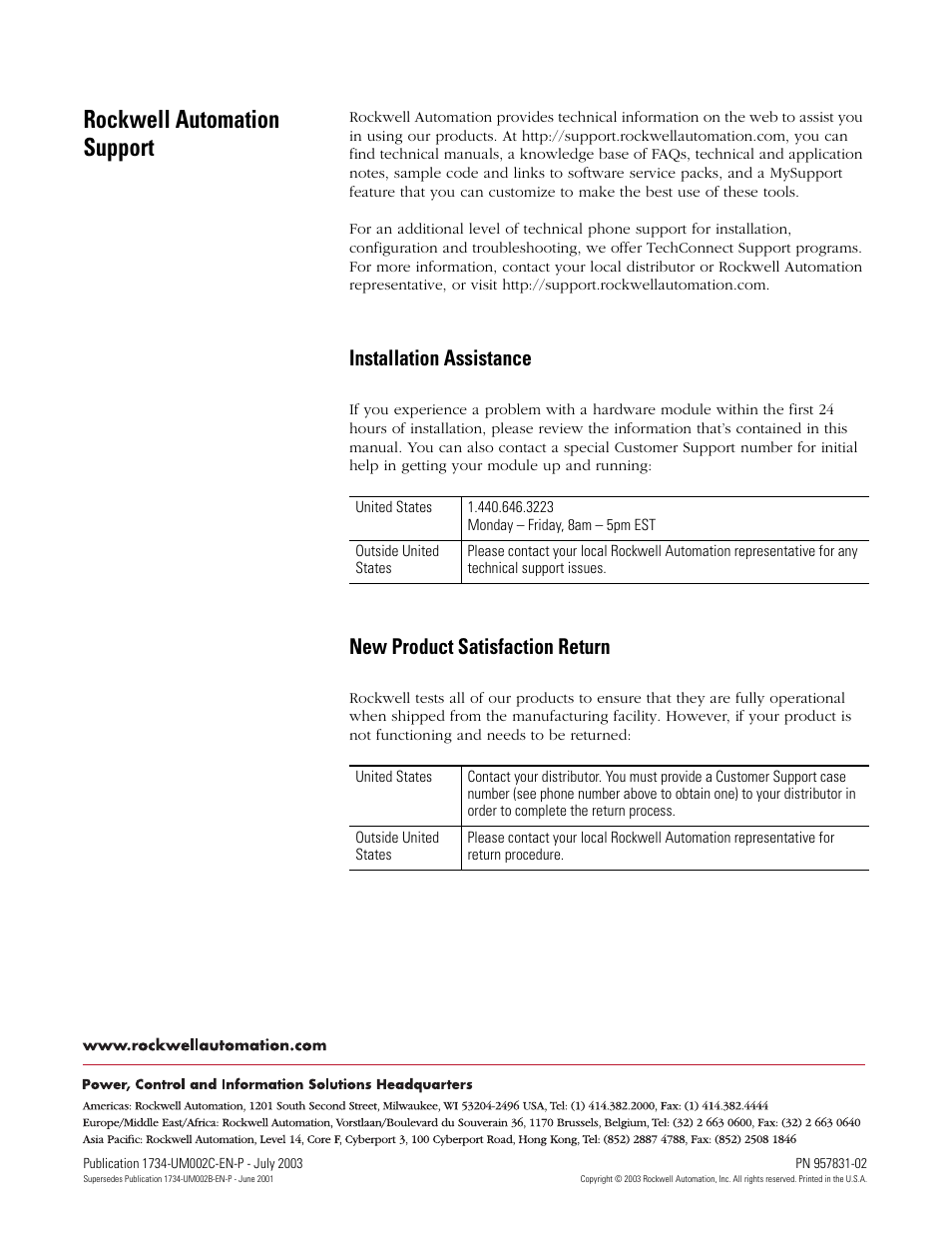 Back cover, Rockwell automation support, Installation assistance | New product satisfaction return | Rockwell Automation 1734-ADNX POINT I/O DeviceNet Adpater User Manual User Manual | Page 136 / 136