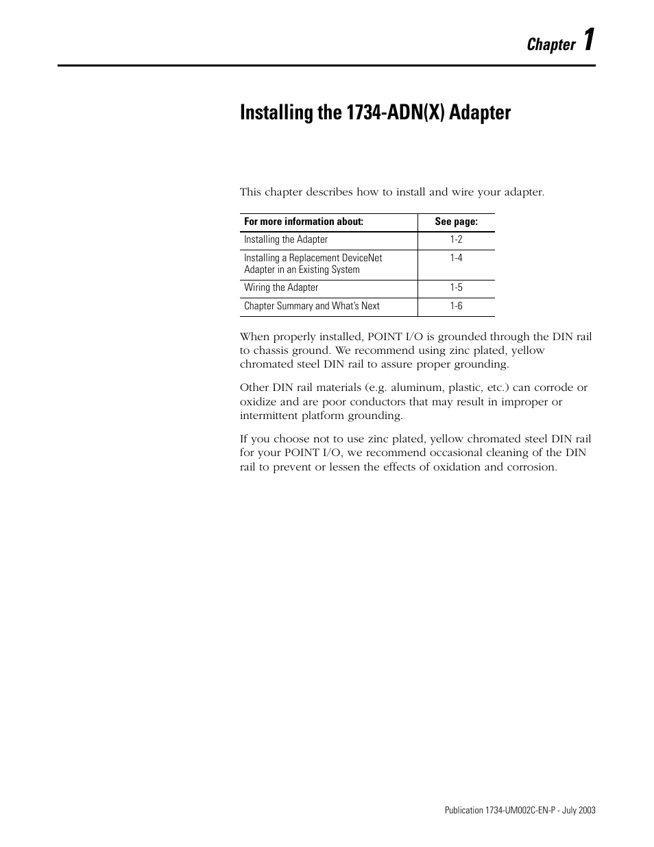 1 - installing the 1734-adn(x) adapter, Installing the 1734-adn(x) adapter, Chapter | Rockwell Automation 1734-ADNX POINT I/O DeviceNet Adpater User Manual User Manual | Page 15 / 136