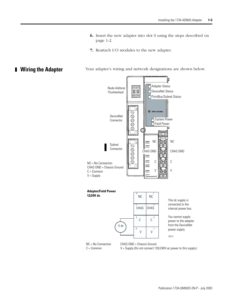 Wiring the adapter | Rockwell Automation 1734-ADNX POINT I/O DeviceNet Adpater User Manual User Manual | Page 19 / 136