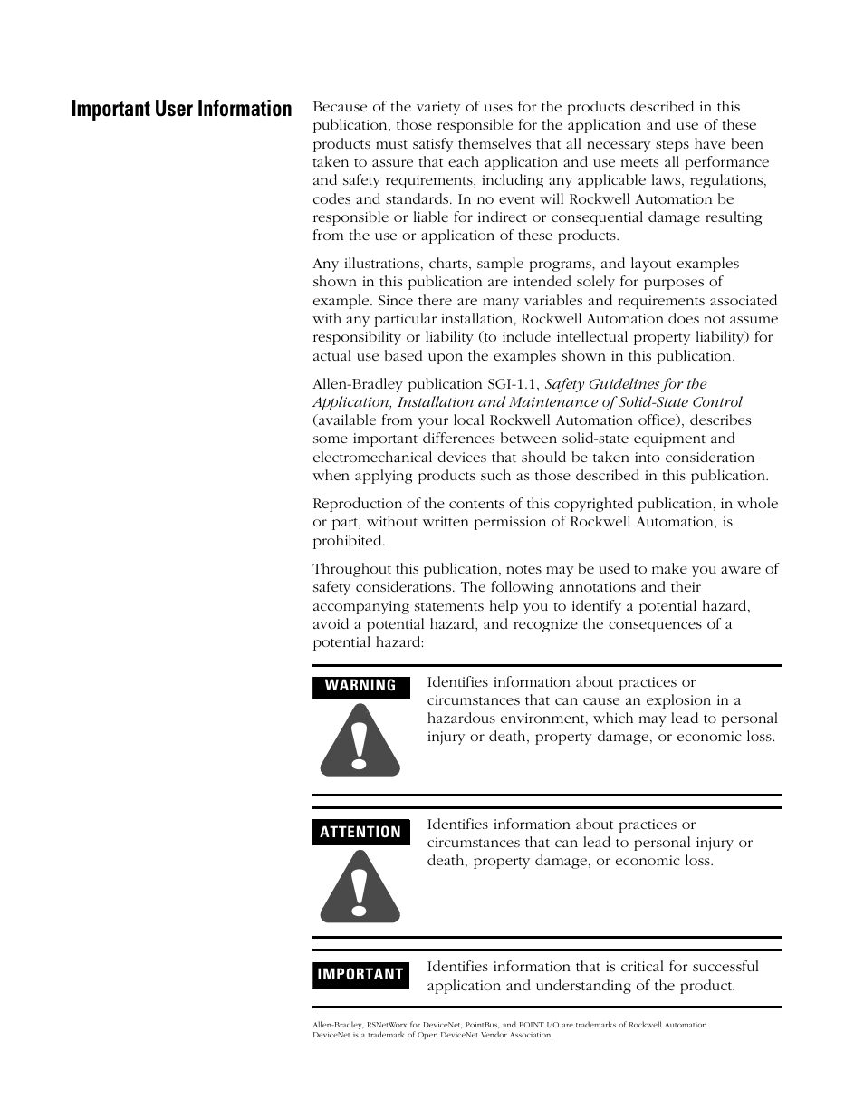 Important user information | Rockwell Automation 1734-ADNX POINT I/O DeviceNet Adpater User Manual User Manual | Page 2 / 136