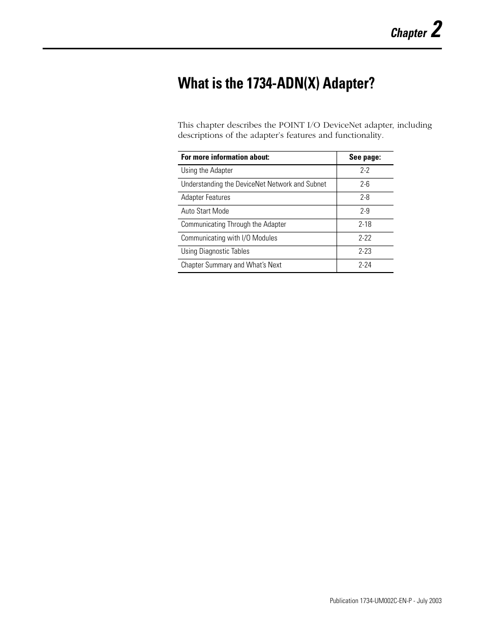 2 - what is the 1734-adn(x) adapter, What is the 1734-adn(x) adapter, Chapter | Rockwell Automation 1734-ADNX POINT I/O DeviceNet Adpater User Manual User Manual | Page 21 / 136