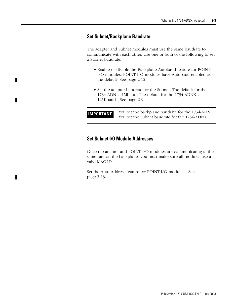Set subnet/backplane baudrate, Set subnet i/o module addresses | Rockwell Automation 1734-ADNX POINT I/O DeviceNet Adpater User Manual User Manual | Page 23 / 136