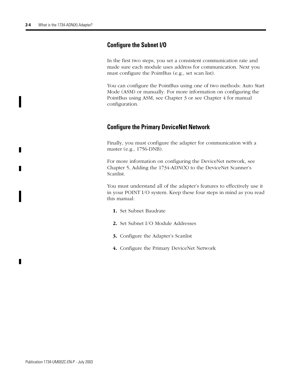 Configure the subnet i/o, Configure the primary devicenet network | Rockwell Automation 1734-ADNX POINT I/O DeviceNet Adpater User Manual User Manual | Page 24 / 136