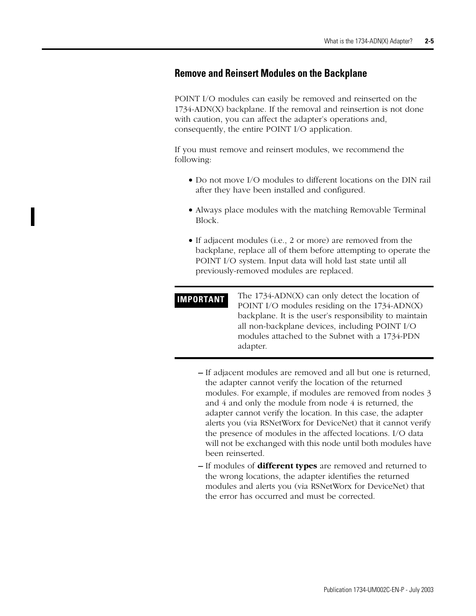 Remove and reinsert modules on the backplane | Rockwell Automation 1734-ADNX POINT I/O DeviceNet Adpater User Manual User Manual | Page 25 / 136