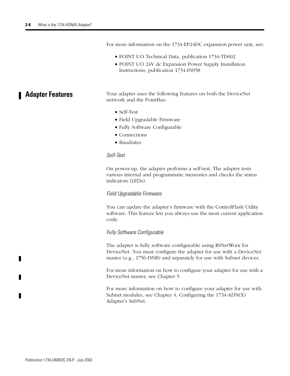 Adapter features | Rockwell Automation 1734-ADNX POINT I/O DeviceNet Adpater User Manual User Manual | Page 28 / 136