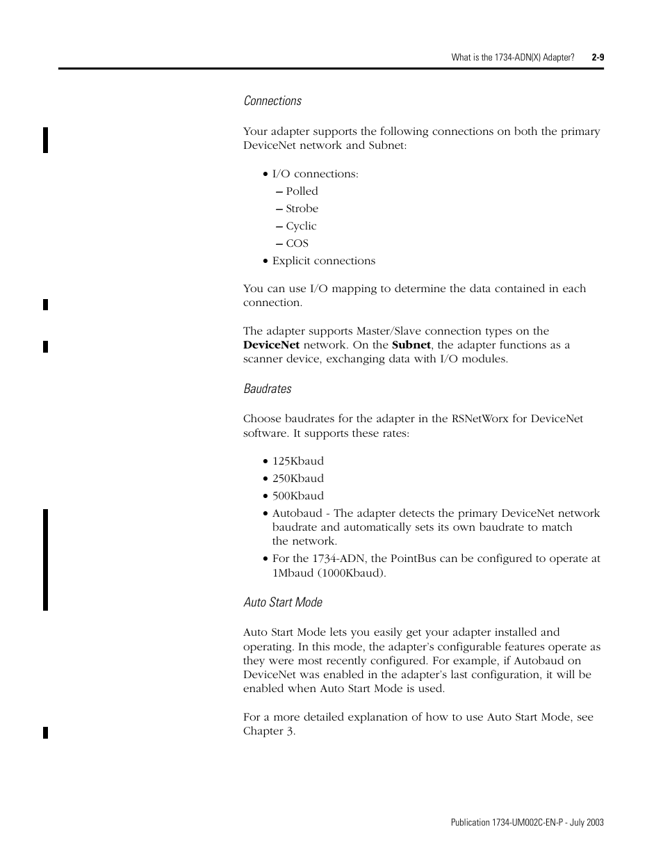 Auto start mode, Connections, Baudrates | Rockwell Automation 1734-ADNX POINT I/O DeviceNet Adpater User Manual User Manual | Page 29 / 136