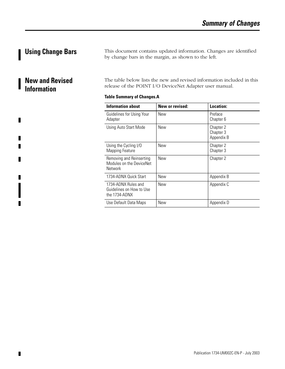 Summary of changes, Using change bars, New and revised information | Summary of changes using change bars | Rockwell Automation 1734-ADNX POINT I/O DeviceNet Adpater User Manual User Manual | Page 3 / 136