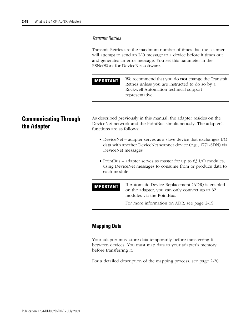 Communicating through the adapter, Mapping data | Rockwell Automation 1734-ADNX POINT I/O DeviceNet Adpater User Manual User Manual | Page 38 / 136