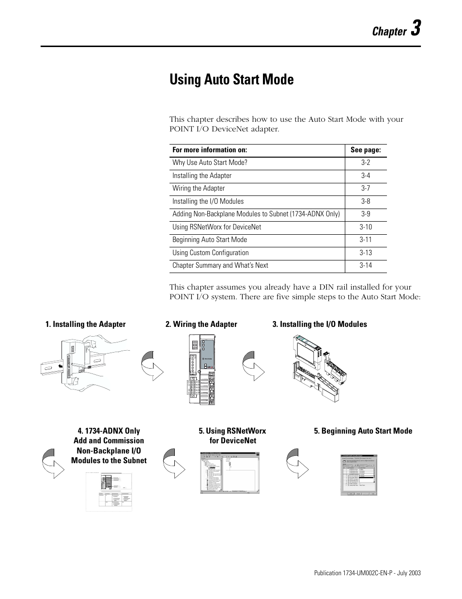 3 - using auto start mode, Using auto start mode, Chapter | Rockwell Automation 1734-ADNX POINT I/O DeviceNet Adpater User Manual User Manual | Page 45 / 136