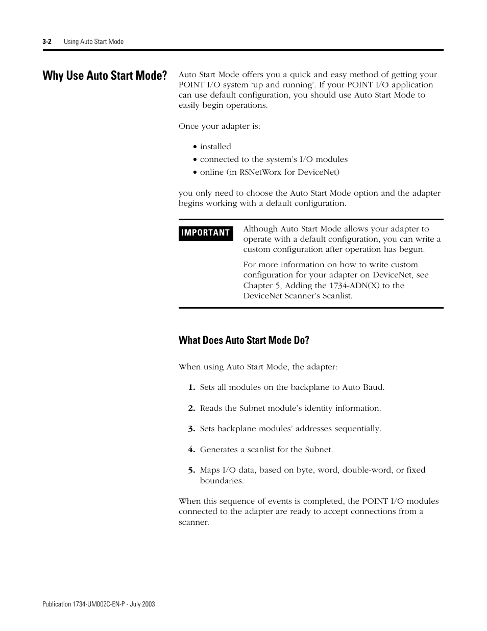 Why use auto start mode, What does auto start mode do | Rockwell Automation 1734-ADNX POINT I/O DeviceNet Adpater User Manual User Manual | Page 46 / 136