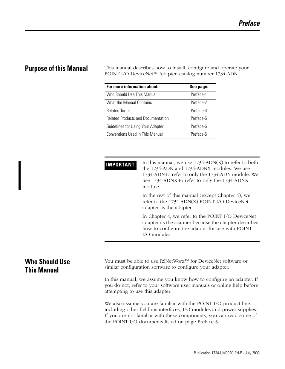 Preface, Purpose of this manual, Who should use this manual | Preface purpose of this manual | Rockwell Automation 1734-ADNX POINT I/O DeviceNet Adpater User Manual User Manual | Page 5 / 136