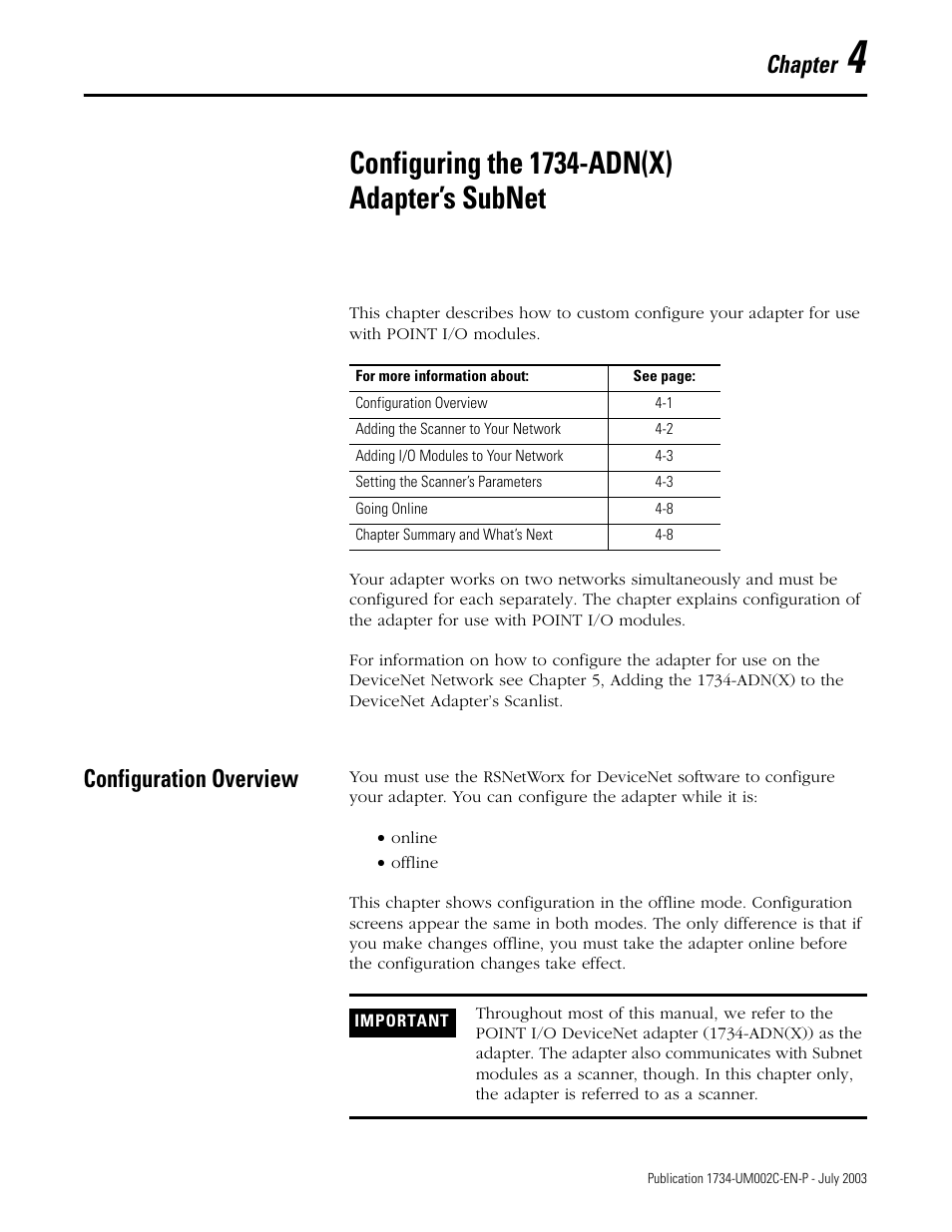 4 - configuring the 1734-adn(x) adapter’s subnet, Configuration overview, Configuring the 1734-adn(x) adapter’s subnet | Chapter | Rockwell Automation 1734-ADNX POINT I/O DeviceNet Adpater User Manual User Manual | Page 59 / 136