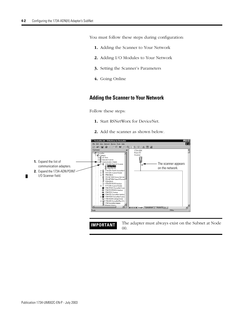 Adding the scanner to your network | Rockwell Automation 1734-ADNX POINT I/O DeviceNet Adpater User Manual User Manual | Page 60 / 136