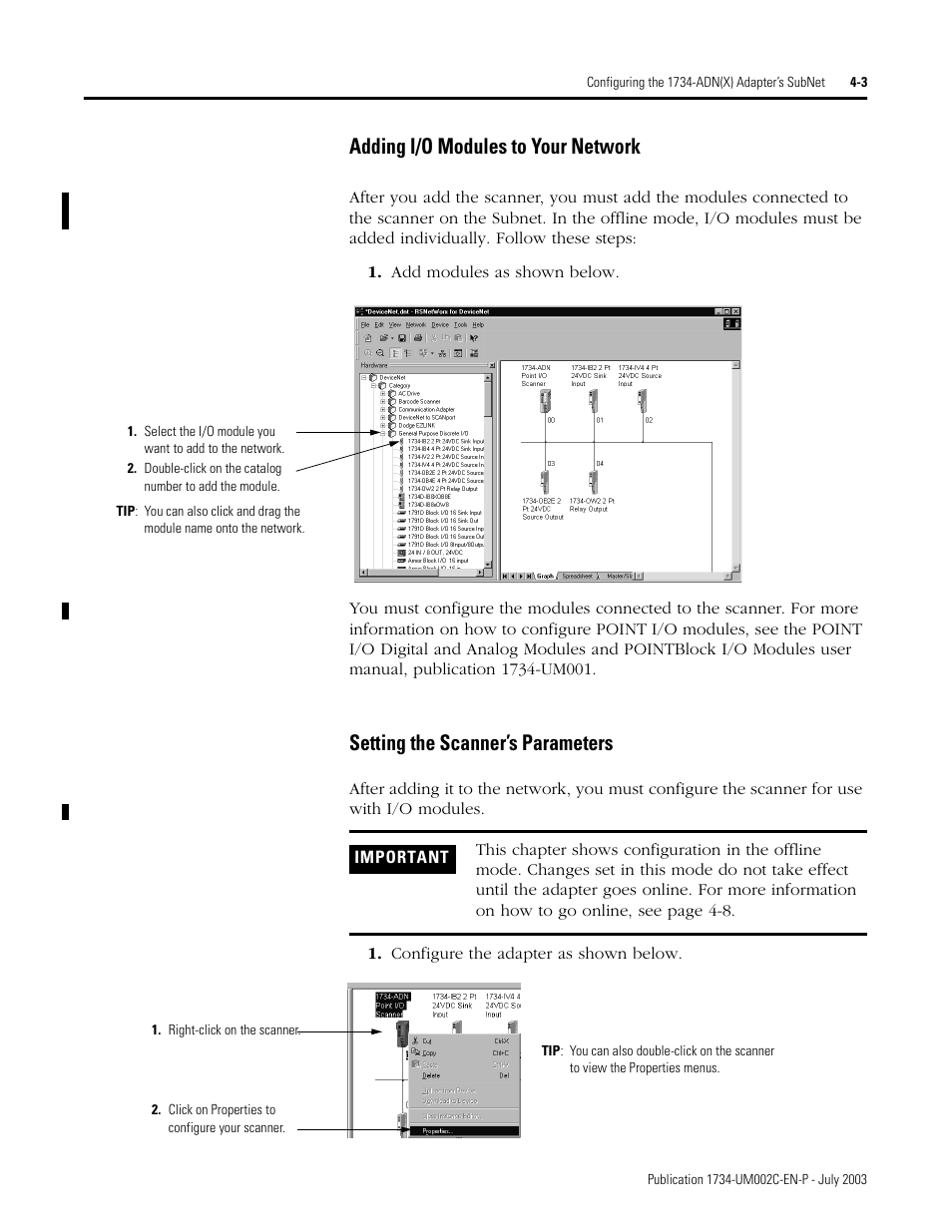 Adding i/o modules to your network, Setting the scanner’s parameters | Rockwell Automation 1734-ADNX POINT I/O DeviceNet Adpater User Manual User Manual | Page 61 / 136