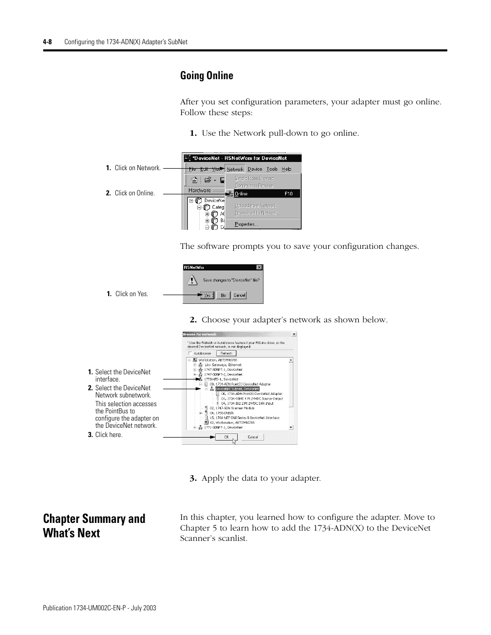 Chapter summary and what’s next, Going online | Rockwell Automation 1734-ADNX POINT I/O DeviceNet Adpater User Manual User Manual | Page 66 / 136