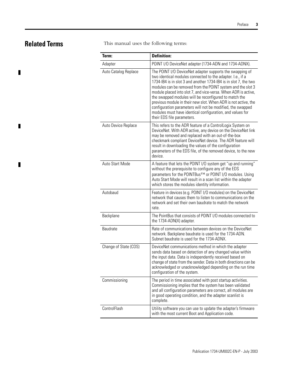 Related terms, Preface-3 | Rockwell Automation 1734-ADNX POINT I/O DeviceNet Adpater User Manual User Manual | Page 7 / 136
