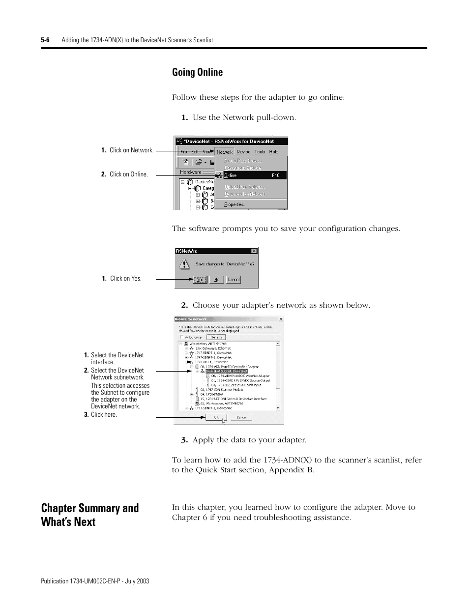 Chapter summary and what’s next, Going online | Rockwell Automation 1734-ADNX POINT I/O DeviceNet Adpater User Manual User Manual | Page 72 / 136