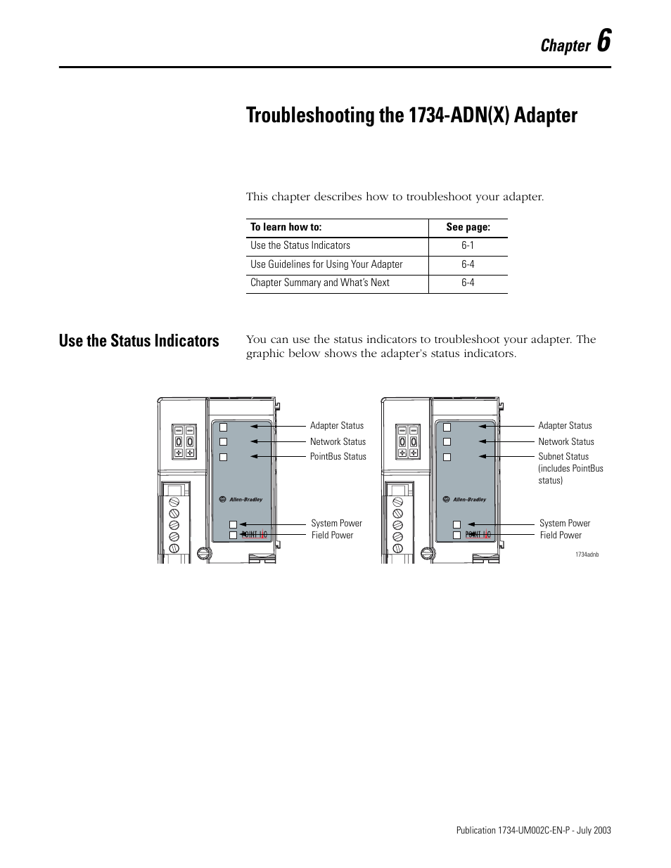 6 - troubleshooting the 1734-adn(x) adapter, Use the status indicators, Troubleshooting the 1734-adn(x) adapter | Chapter | Rockwell Automation 1734-ADNX POINT I/O DeviceNet Adpater User Manual User Manual | Page 73 / 136
