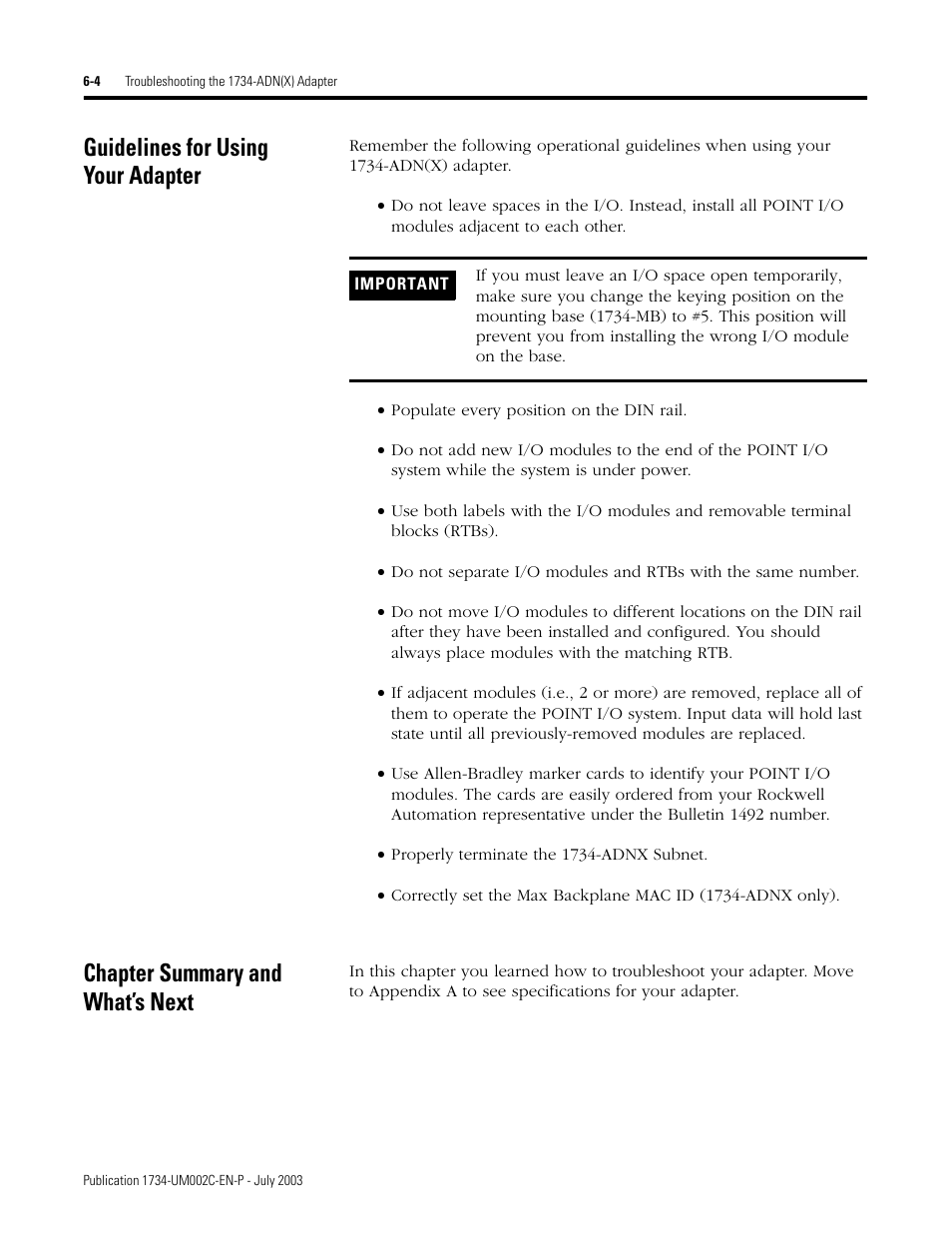 Guidelines for using your adapter, Chapter summary and what’s next | Rockwell Automation 1734-ADNX POINT I/O DeviceNet Adpater User Manual User Manual | Page 76 / 136